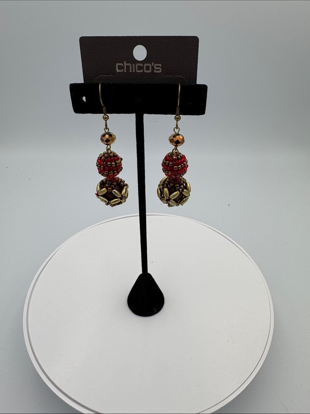 Chico's Red & Gold Beaded Drop Earrings